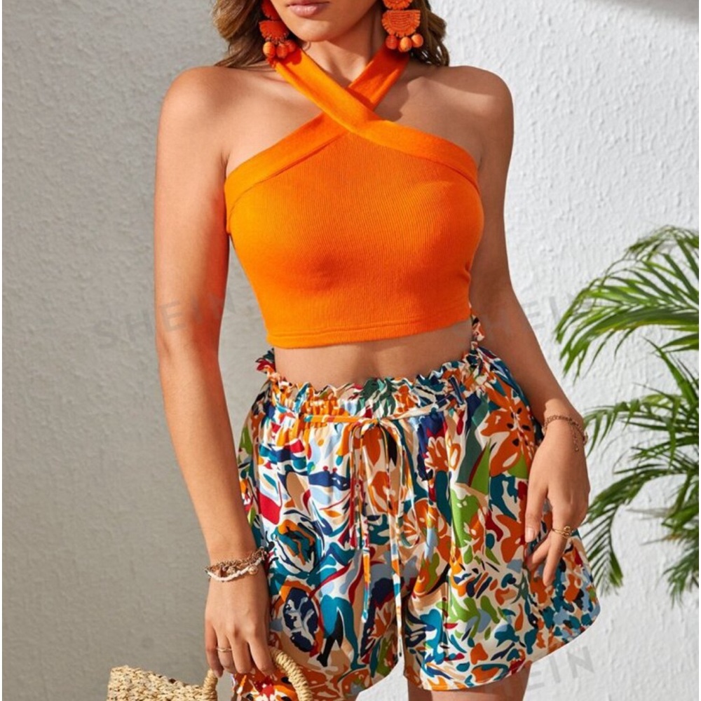 VCAY Solid Halter Top & Floral Print Paperbag Waist Belted Shorts